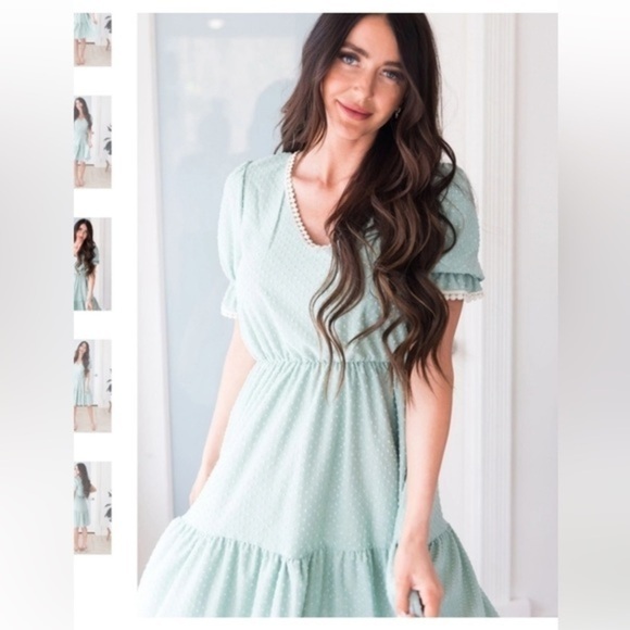 Mint Blue Reborn J dress Women Size Large V Neck Pleated Flowy - Picture 12 of 13